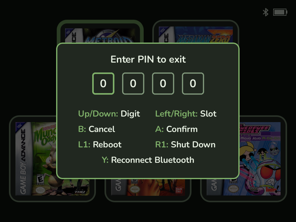 The unlock prompt over the dimmed game grid: an "Enter PIN to exit" panel with four PIN digit boxes and a button legend - Up/Down changes a digit, Left/Right moves the slot, B cancels, A confirms, L1 reboots, R1 shuts down, and Y reconnects Bluetooth