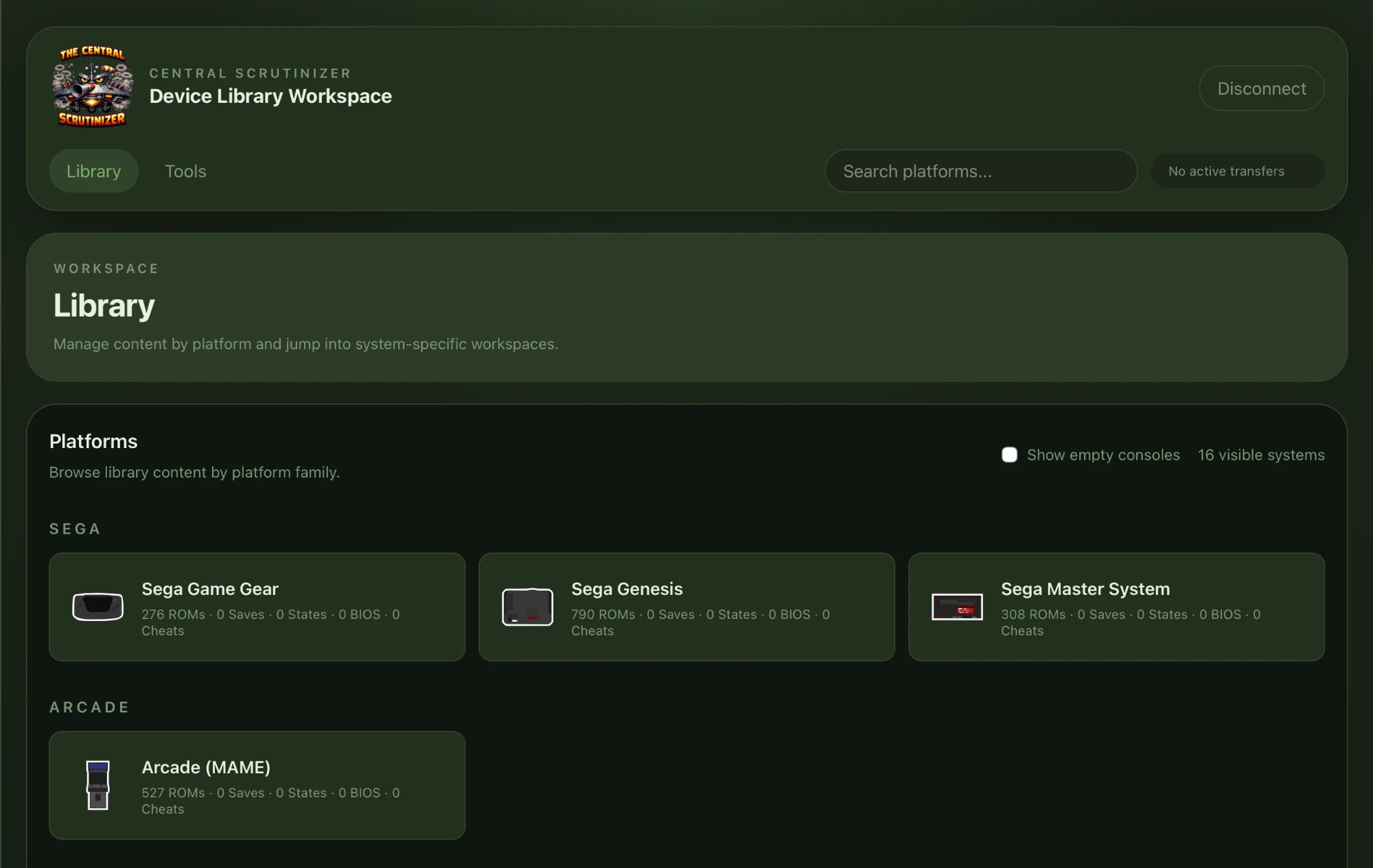The Central Scrutinizer web dashboard in a browser: a Library workspace with Library and Tools tabs, a platform search, and cards for each console showing ROM, save, state, BIOS, and cheat counts