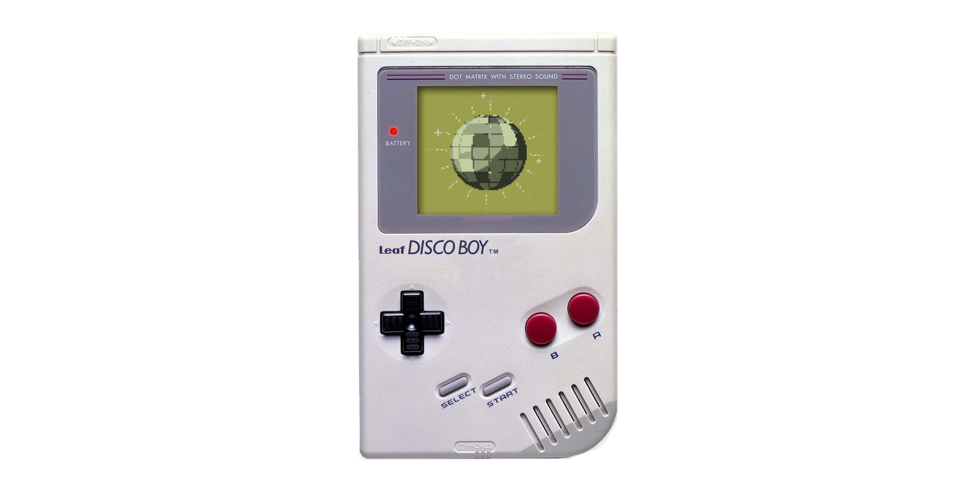 Disco Boy on a Miniloong Pocket 1, styled as a Game Boy with a disco ball glowing on the screen