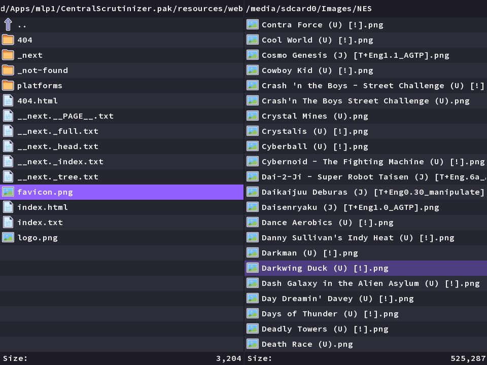 Leaf's two-pane file manager: a folder of files on the left, a folder of NES box-art images with thumbnail previews on the right, and file sizes along the bottom