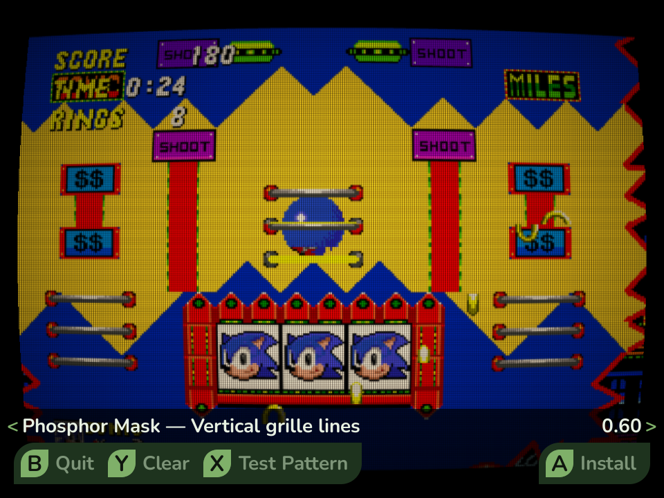 Fugazi tuning a CRT shader over a live game preview, adjusting the Phosphor Mask setting, with quit, clear, test-pattern, and apply hints along the bottom
