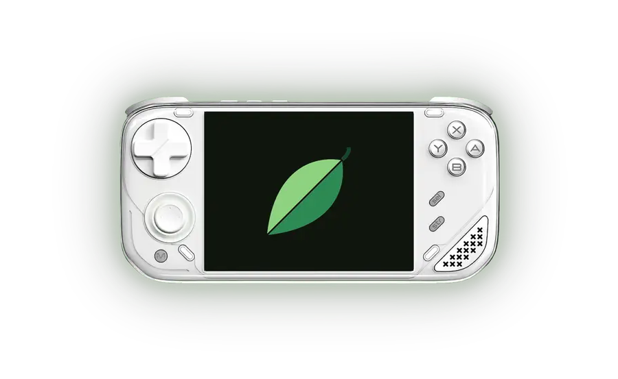 Leaf running on a Miniloong Pocket 1 - the launcher cycling through its tabs