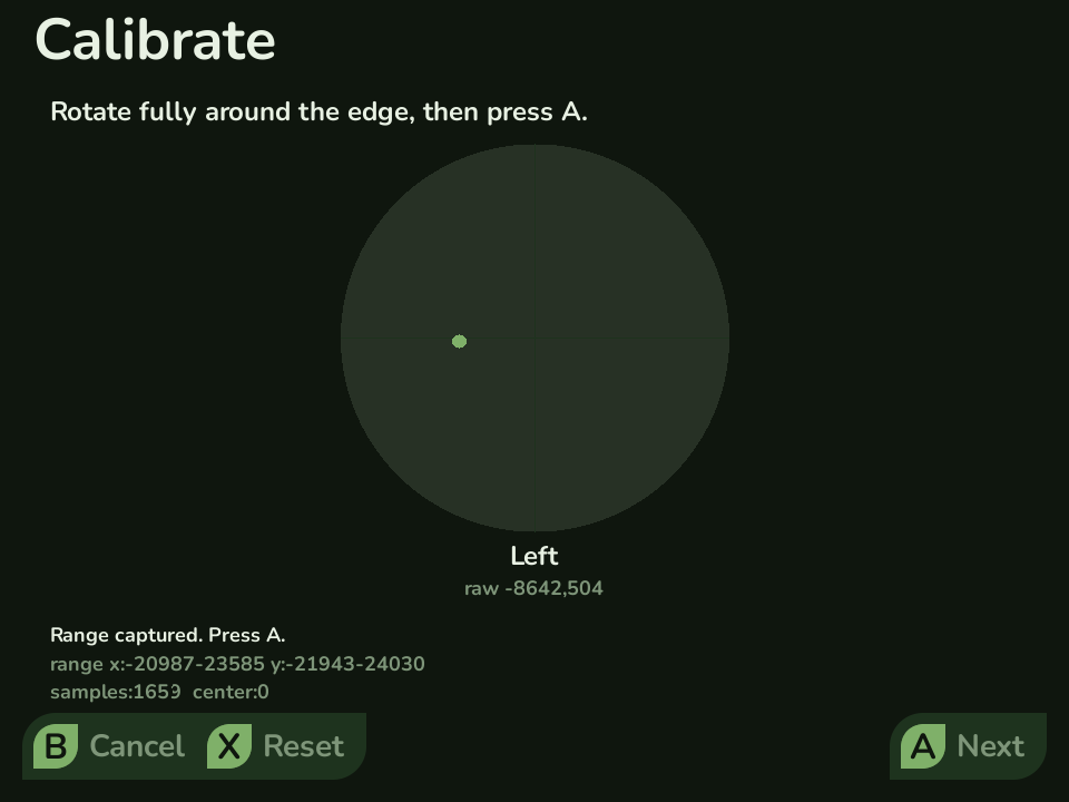 Joe's Calibrage on the Calibrate screen: a circular target with a live dot tracking the analog stick, the captured range and sample count below, and cancel, reset, and next hints