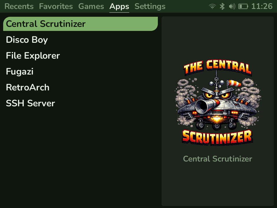 The Apps tab listing Central Scrutinizer, Disco Boy, File Explorer, Fugazi, RetroArch, and SSH Server