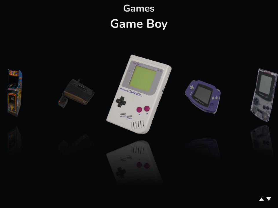 The Coverflow layout browsing by console: a Game Boy centered among 3D system renders, with an arcade cabinet, Atari 2600, Game Boy Advance, and Game Boy Color angled back and reflected