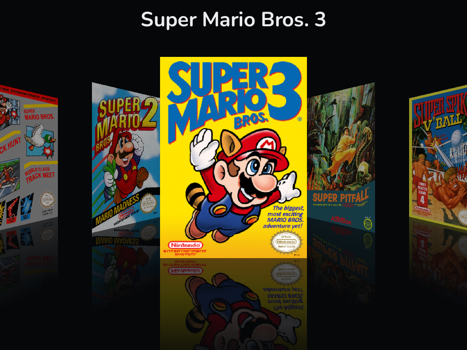 The Coverflow home layout: a carousel of NES box art with Super Mario Bros. 3 centered and its neighbors angled back with glossy reflections
