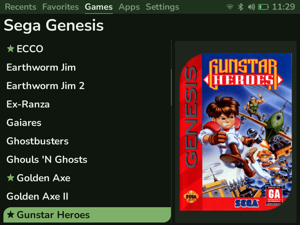 The Leaf launcher browsing a Sega Genesis game list, with box art shown alongside