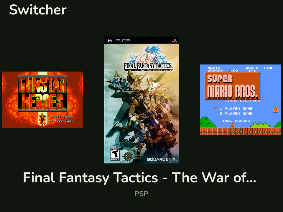 The game switcher carousel showing recent games as cover tiles, Final Fantasy Tactics centered