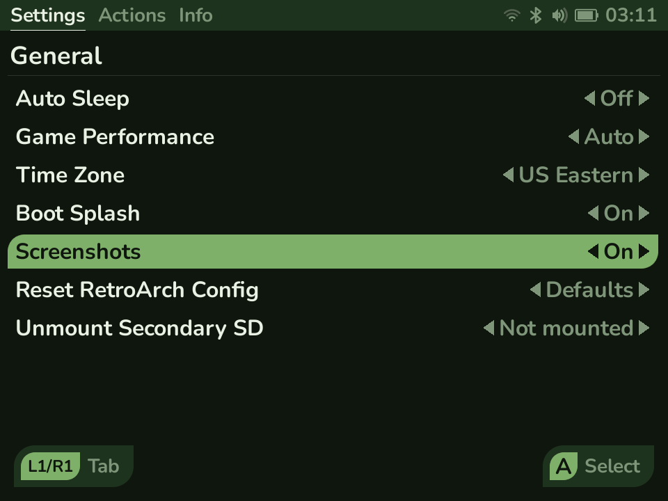 The General settings page with the Screenshots row highlighted and set to On, among rows for Auto Sleep, Game Performance, Time Zone, and Boot Splash