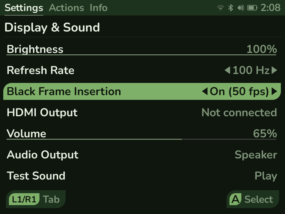 The Display & Sound settings page: Brightness and Volume sliders, Refresh Rate set to 100 Hz, Black Frame Insertion reading "On (50 fps)", HDMI Output grayed out as Not connected, Audio Output on Speaker, and a Test Sound row