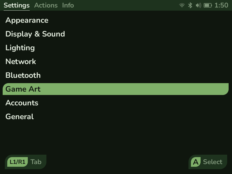 The Settings tab of the System page, listing the sections: Appearance, Display & Sound, Lighting, Network, Bluetooth, Game Art, Accounts, and General