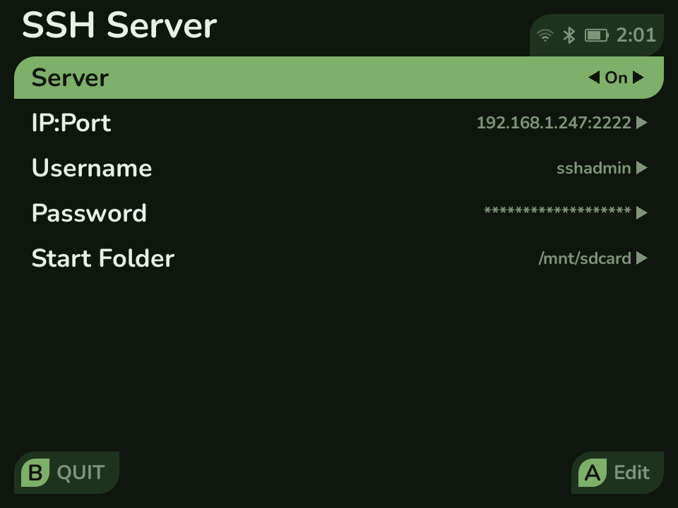 The SSH Server app showing the server toggled on, with its IP address and port, username, masked password, and start folder listed