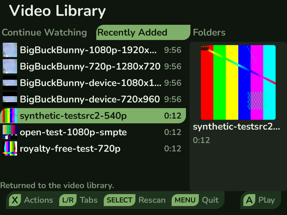 Video From Hell's video library on the Recently Added tab, showing a list of videos with thumbnails and durations on the left and a preview panel on the right with the selected video's poster, title, and length